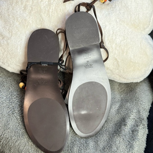 NWT Zara Woman BEADED LACE UP LEATHER SANDALS Shoes Size 8 - Picture 11 of 13